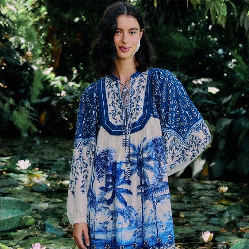NEW FARM Rio Palm Tree Beach Printed Linen Dress Size XS